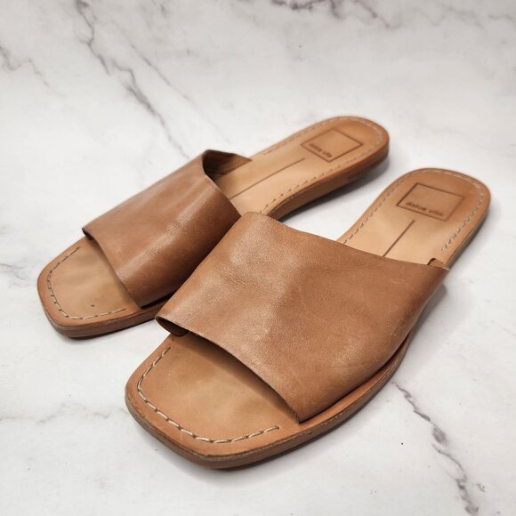 Dolce Vita Cato Slides Sandals Tan Brown Leather Slip-On Flats Women's 6.5 - Picture 1 of 7